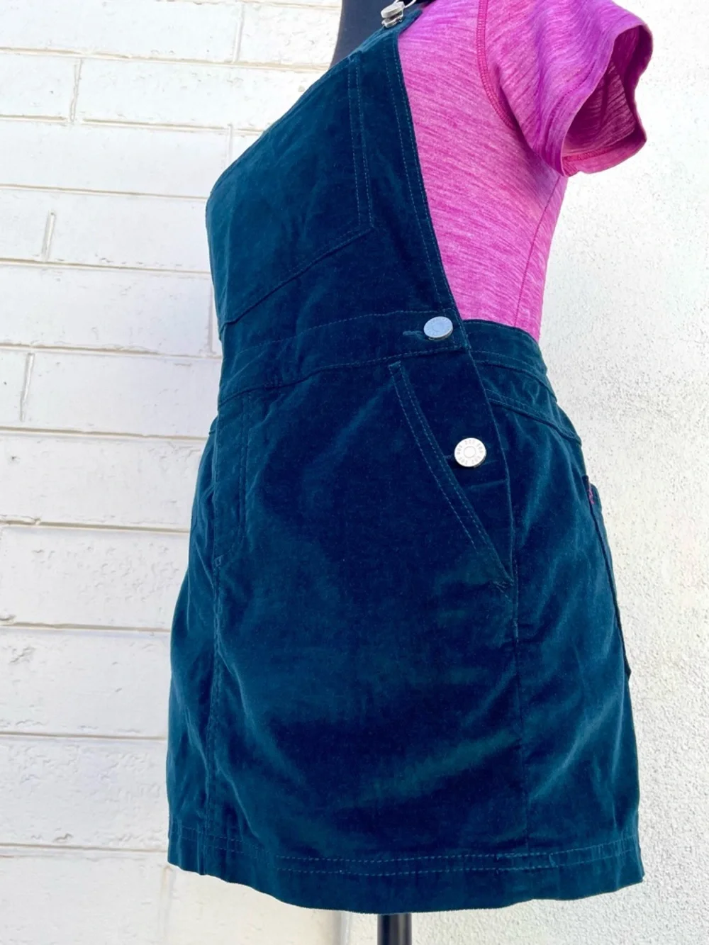 90s BDG Velvet Pinafore Overall Mini Dress Teal Blue XS EUC - Picture 5 of 14